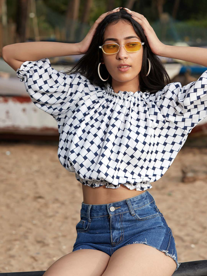 white geometric print poly viscose straight top